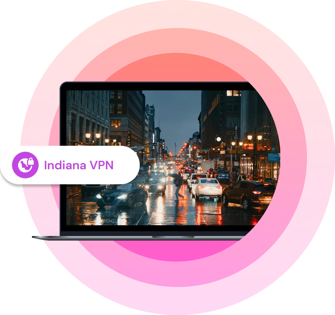 Illustration showing a laptop with a picture of an Indiana city on it with the text "Indiana VPN" next to it